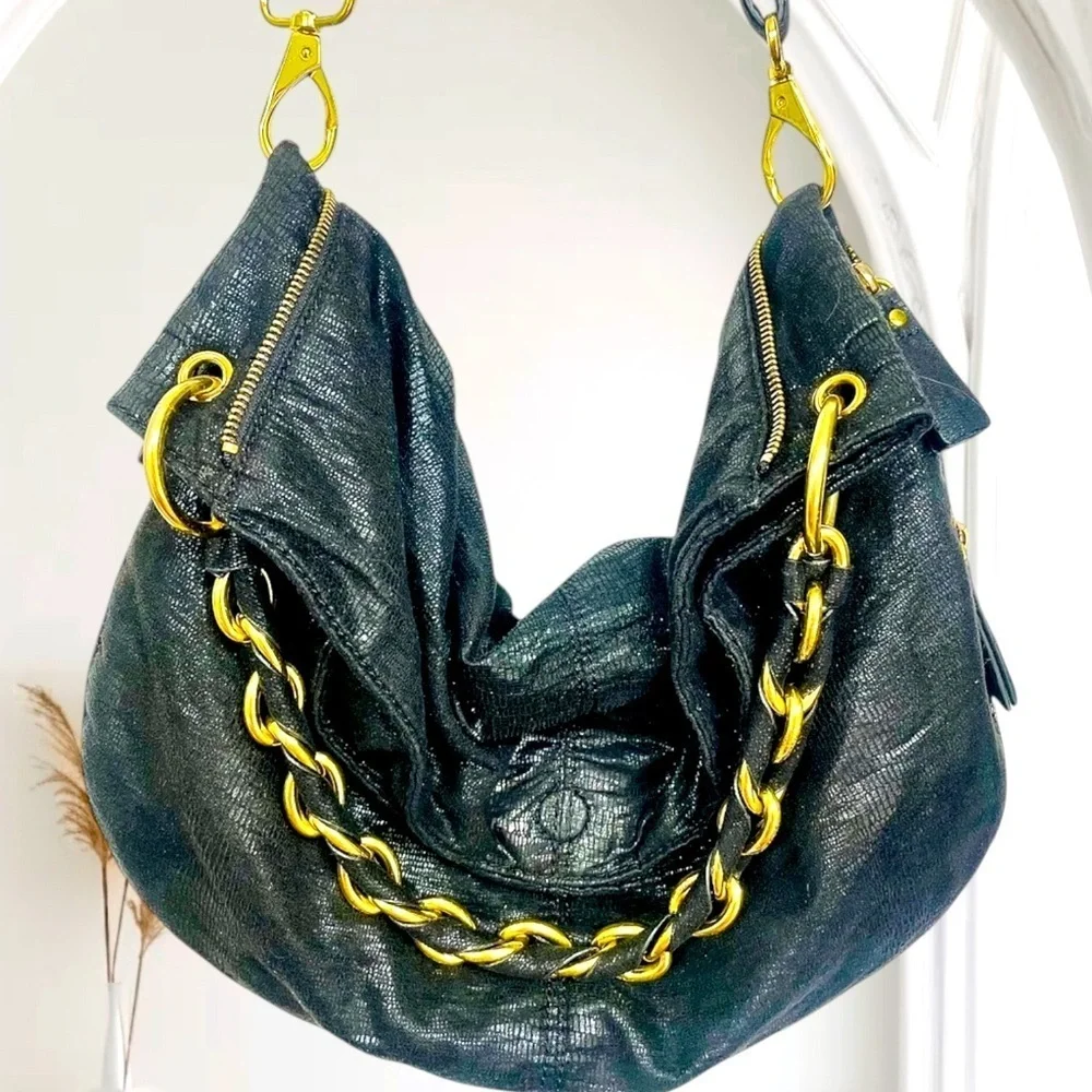 Armani Exchange Black Leather Expandable Slouchy Hobo Chain Shoulder Bag